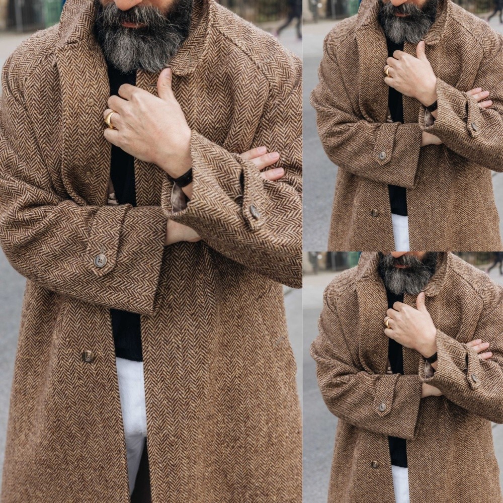 Brown Herringbone Men’s Long Overcoat Tweed Formal Outwear Winter Men Long Coat