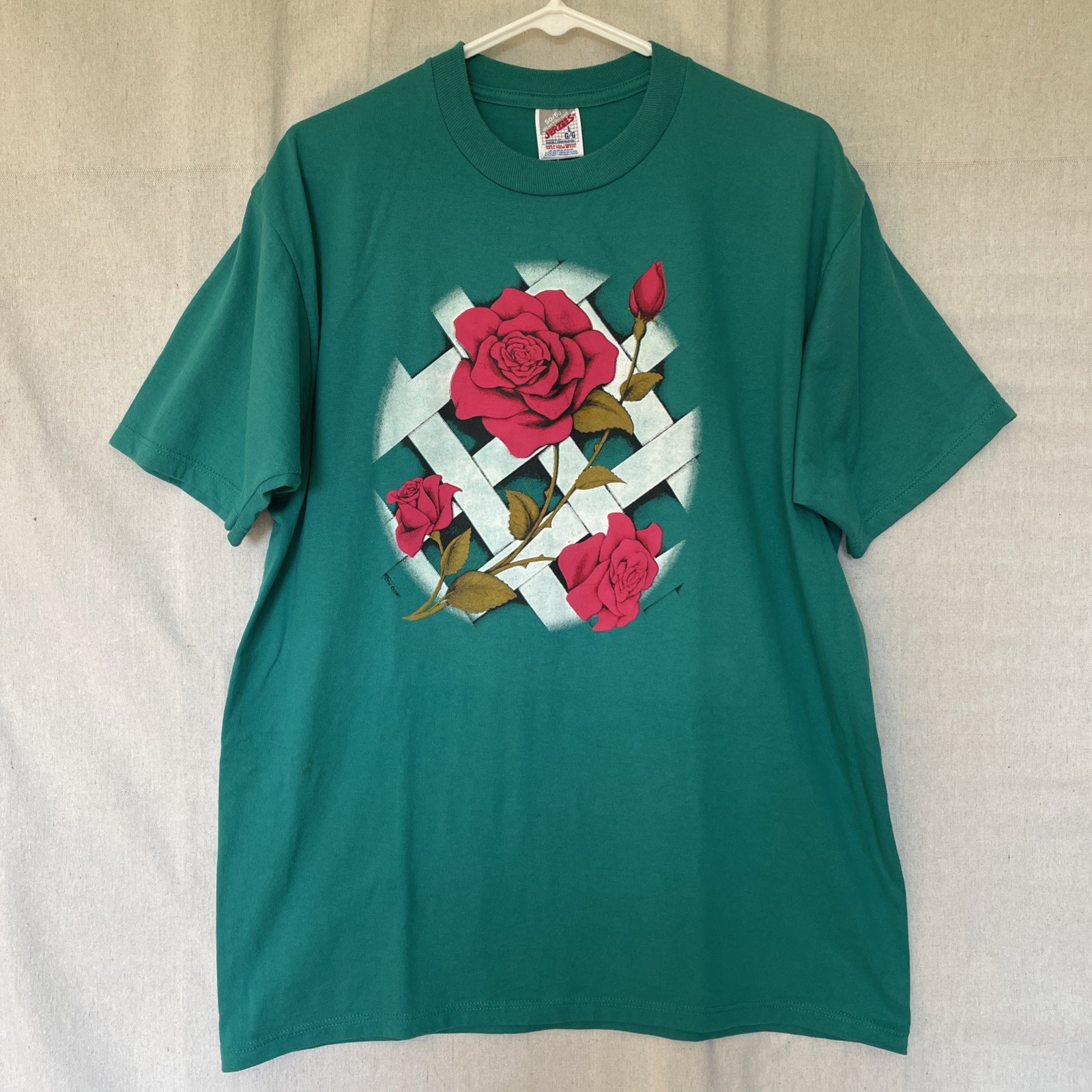 VTG 80’s Tshirt Women’s L Teal Pink White Rose Made In USA Jerzees