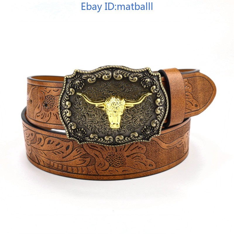Western Cowboy Big Buckle Belt Retro Punk Embossed Leather