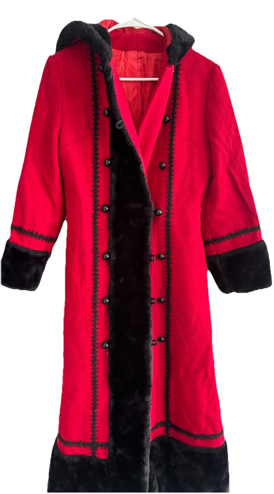 Vintage 1960s Red Princess Coat Wool Black Faux Fur Trim Hoood Long Sz S A-Line