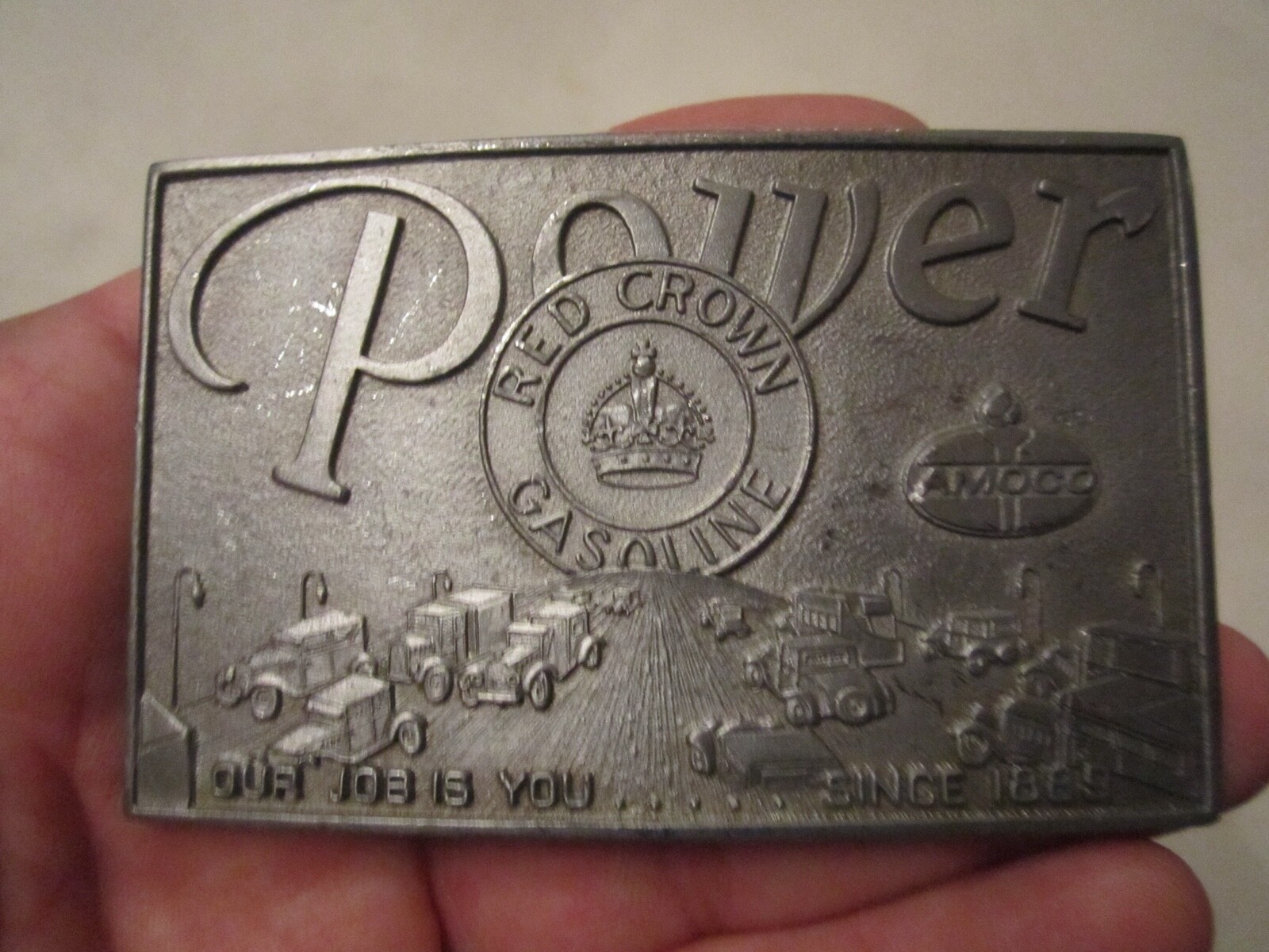 AMOCO OIL COMPANY RED CROWN GASOLINE BELT BUCKLE – 3 1/2″ X 2 1/4″ – HEAVY -GW-1