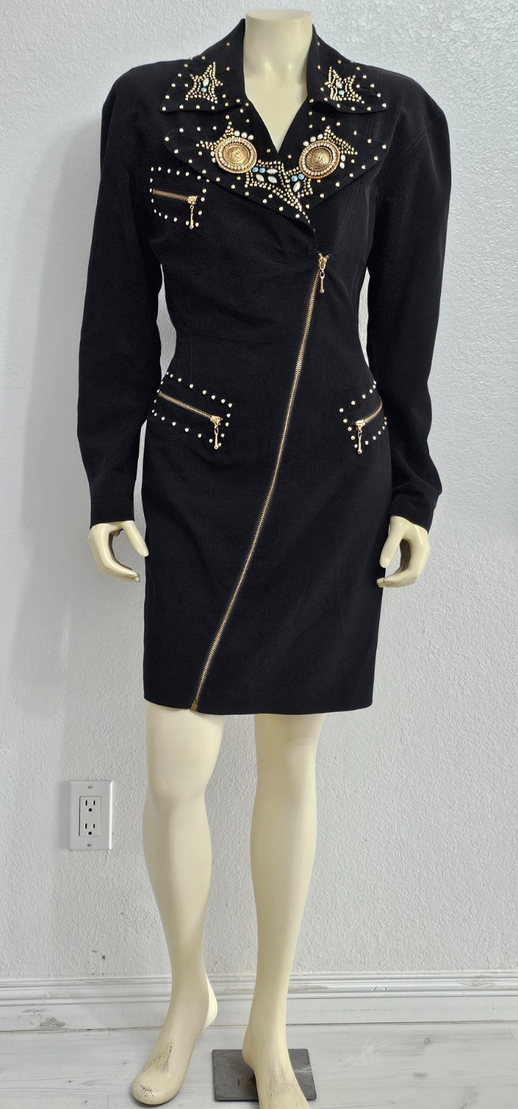VERSACE Women Black M Dress 80’s 90’s Vintage with Studs & 2 Large Medusa Studds