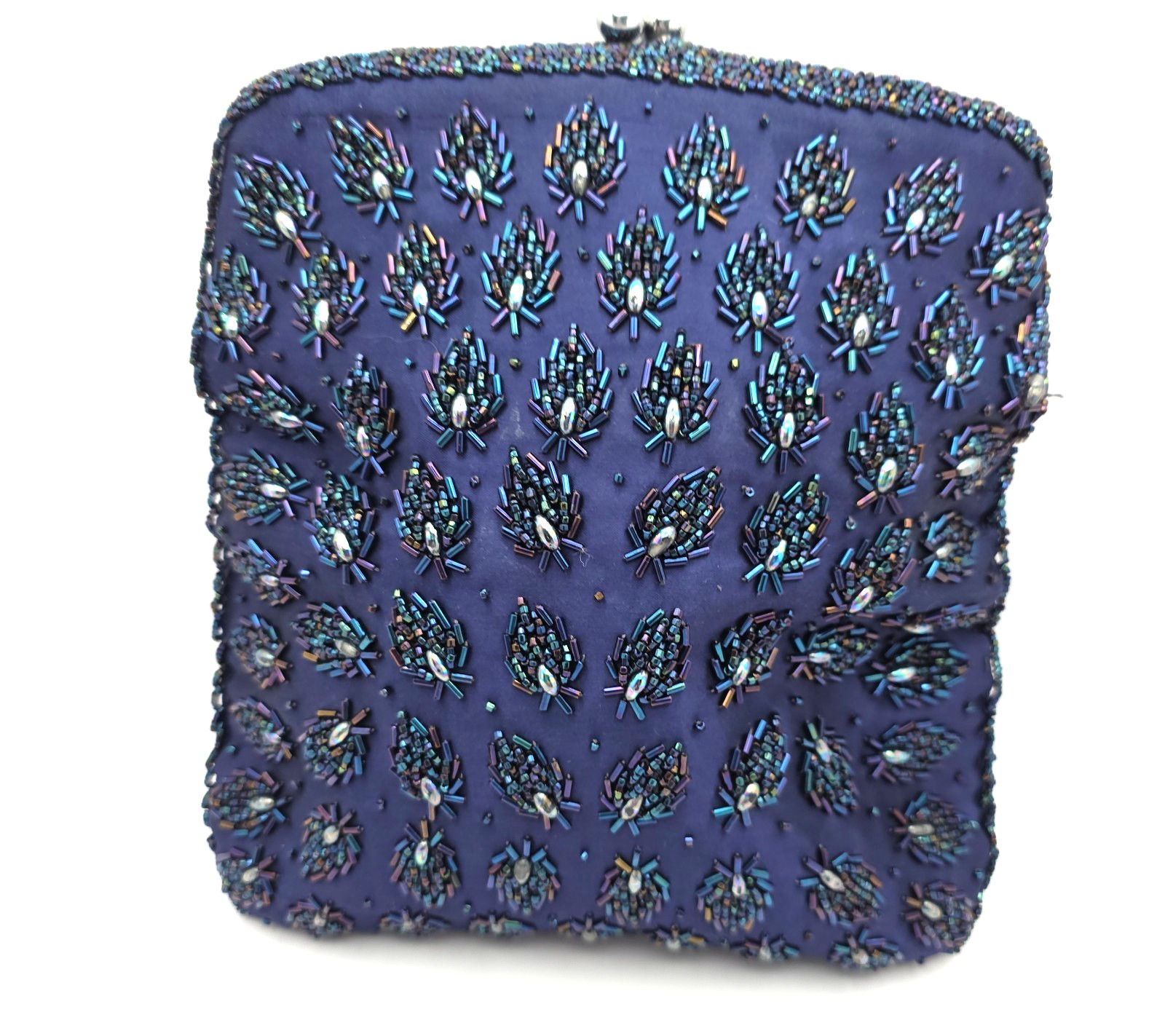 Beaded Evening Clutch Purse Navy Blue Iridescent Glass Bugle Beads Kiss Lock Vtg