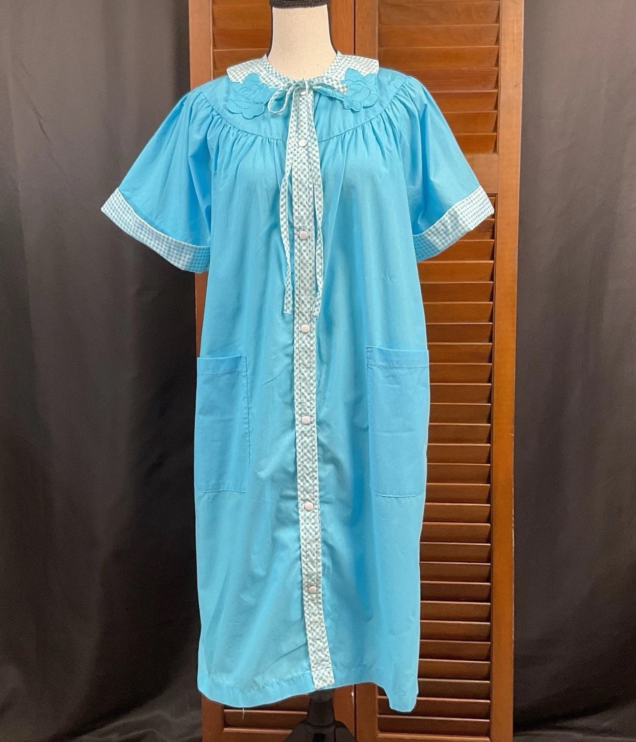 VTG Kelly Reed Blue Cotton Snap Front Housecoat Muumuu Size S Cottagecore 60’s