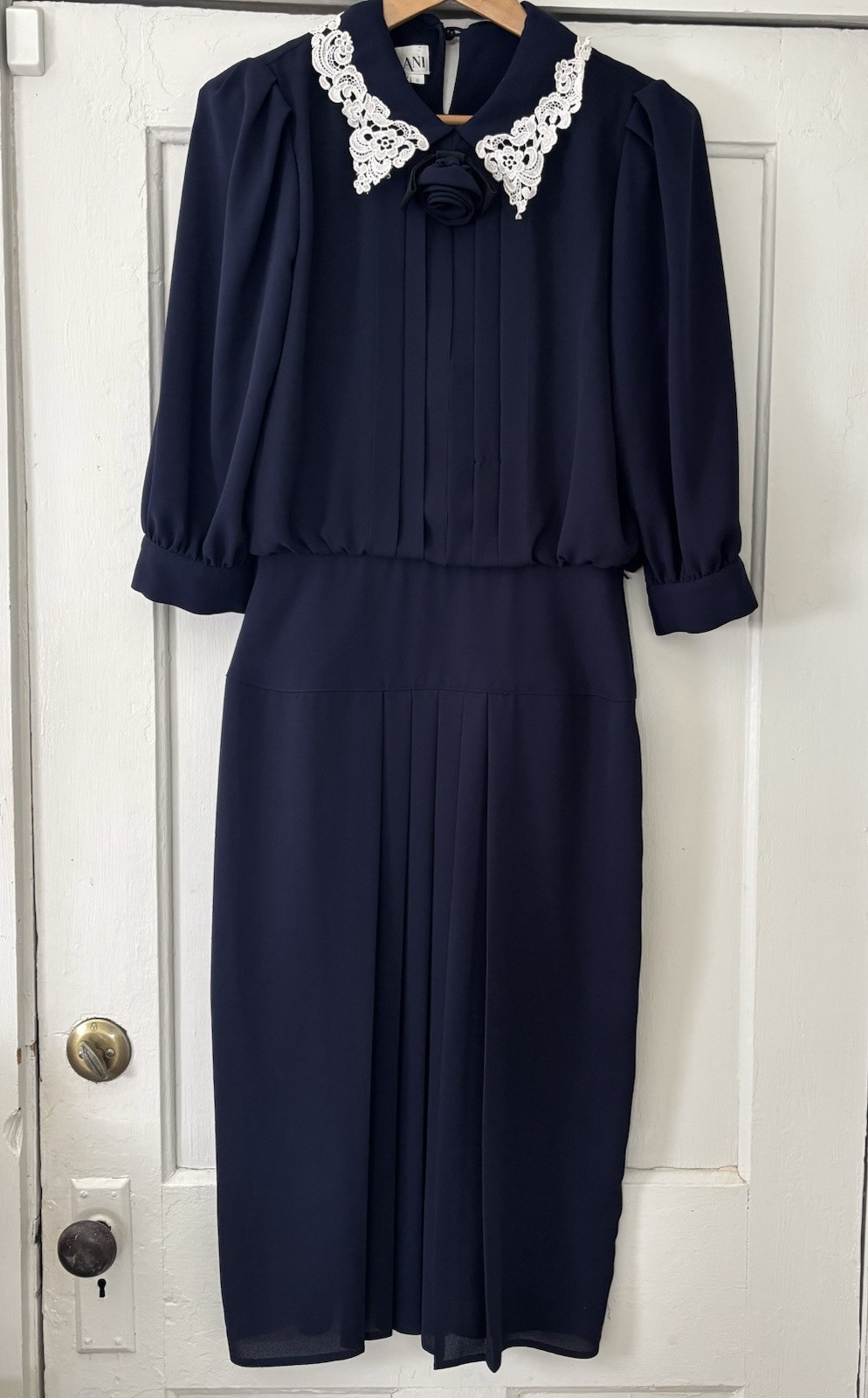 Nilani Vtg 80s Navy Blue Pleated Drop Waist Midi Dress-Lace Collar-6-Cottagecore