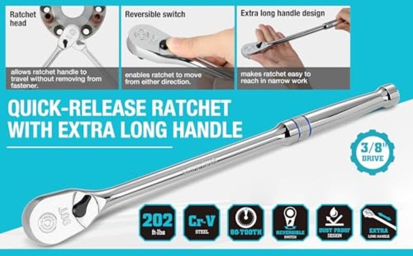 Extra Long Handle 3/8-Inch Drive Ratchet, 90-Tooth 3/8″ with 12″ handle