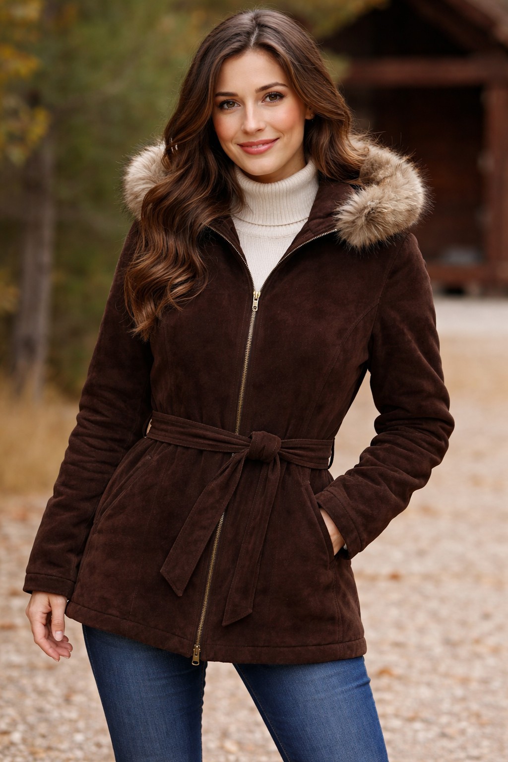 VTG Wilsons Leather Dark Brown Suede Coat Faux Fur hood Women’s SZ L EUC
