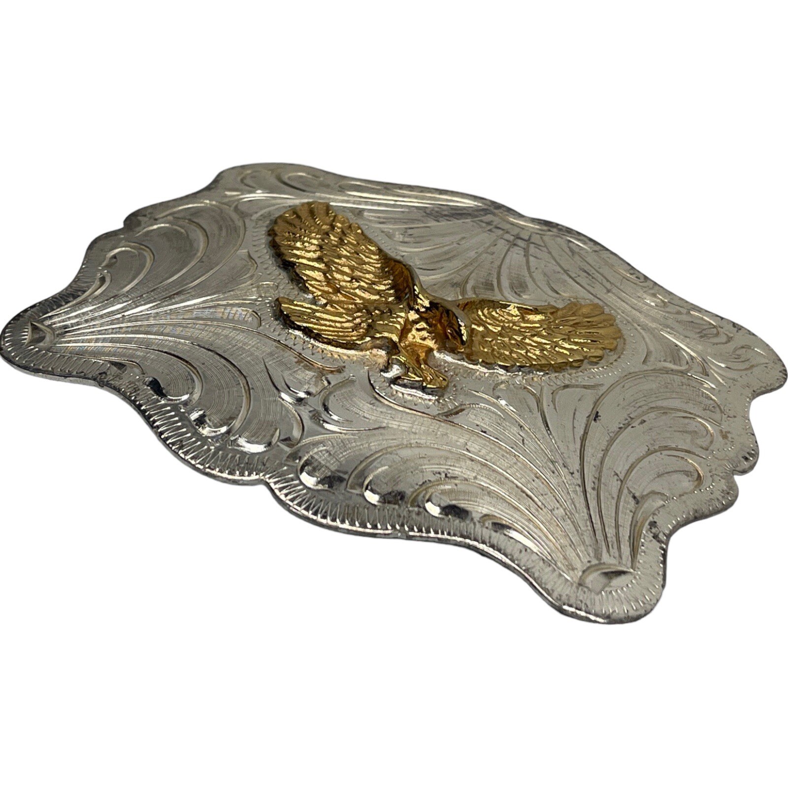 Vintage Alpaca Mexico Etched Nickel Silver/Gold Belt Buckle Eagle 4.25”x 3.5”