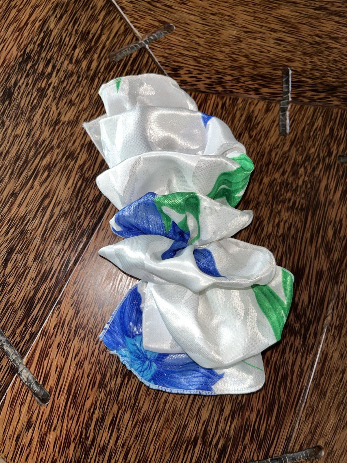 Vintage 1980s / 90s White, Blue & Green Floral Large Hair Bow Barrette Clip