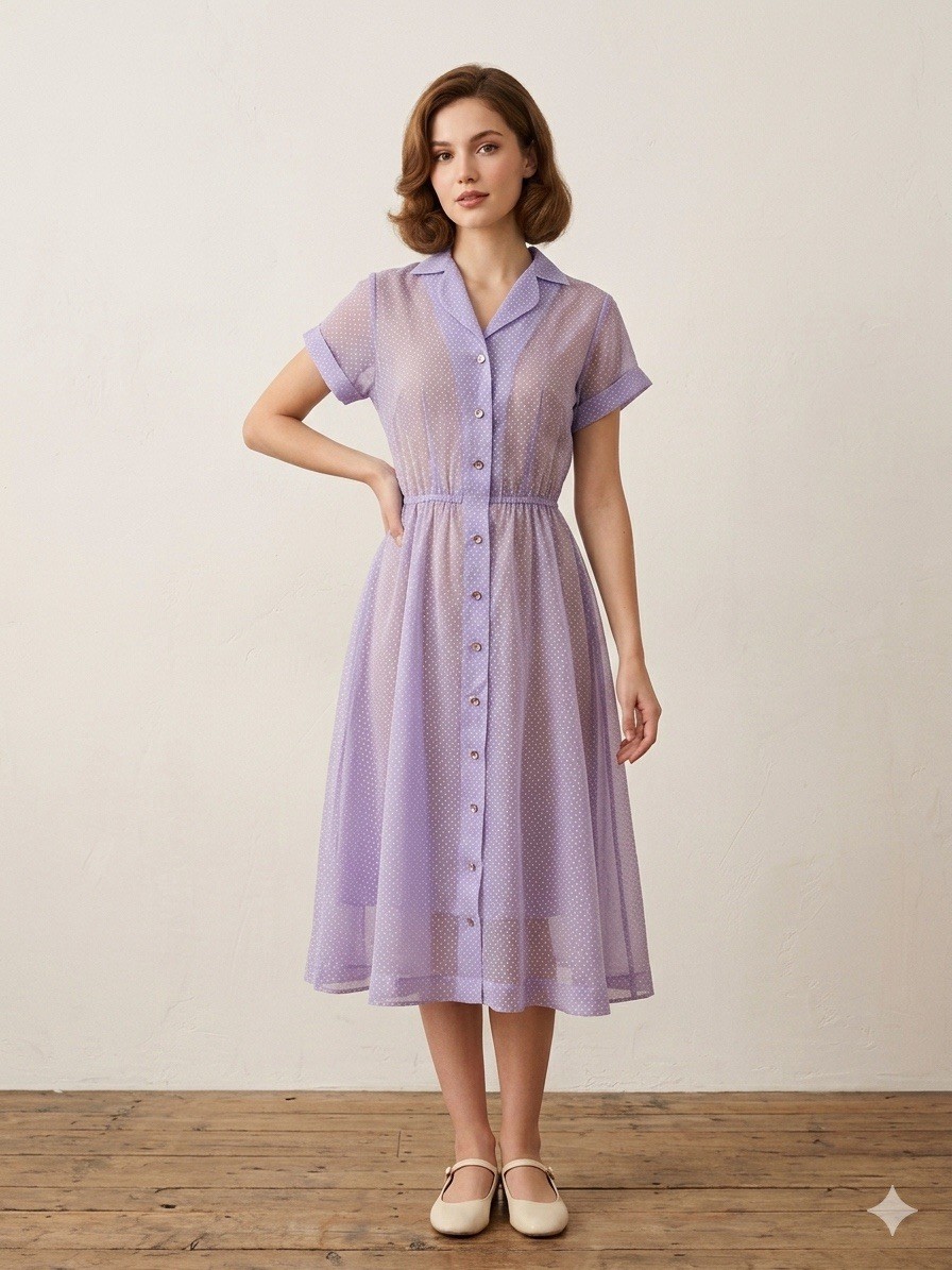 Vtg 50s Spring Lavender Sheer Dotted Swiss Dots Easter Dress Fit & Flair Size M