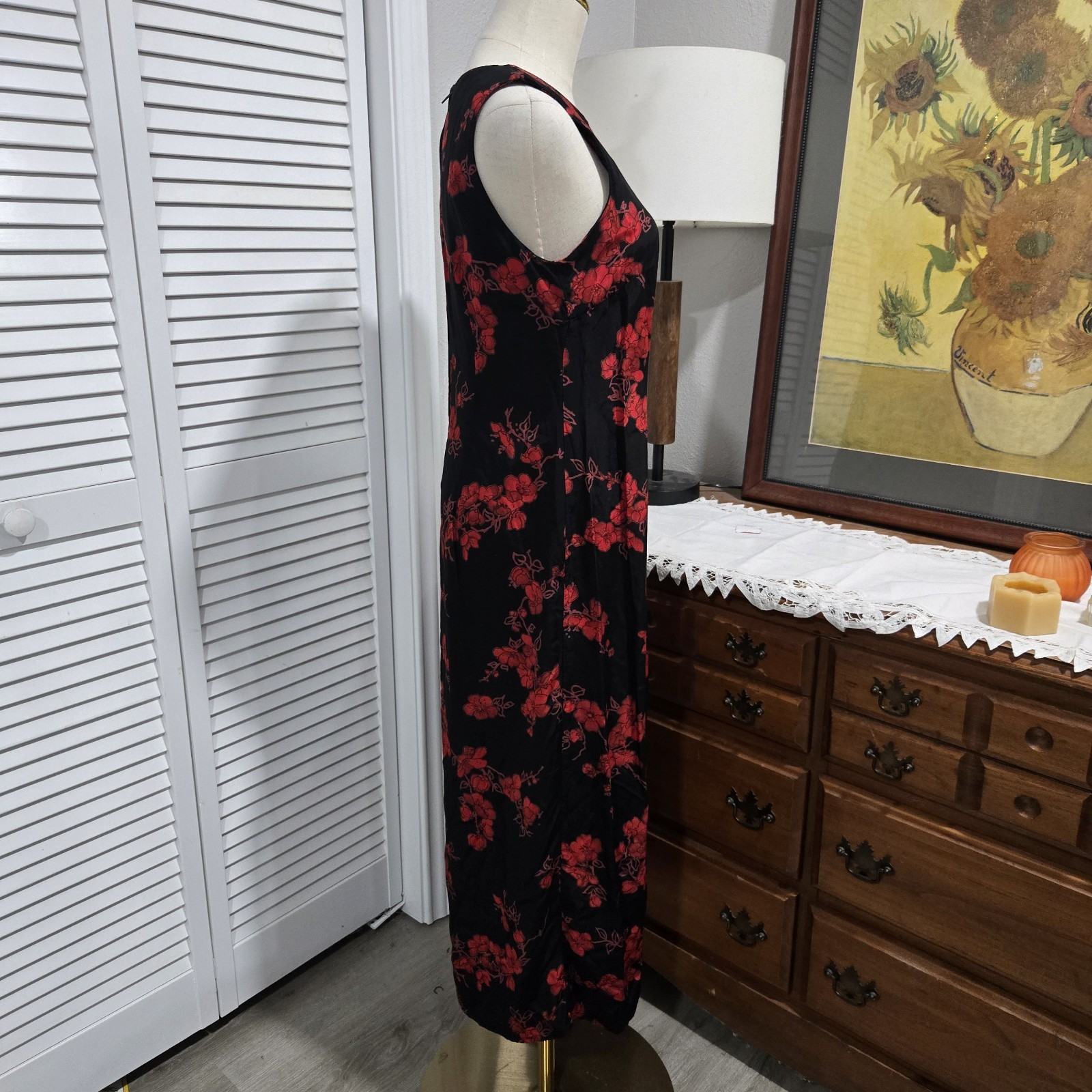 Y2K 90s Cherry Blossom Asian Print High Neck Midi Slip Dress Size 12 Goth Grunge
