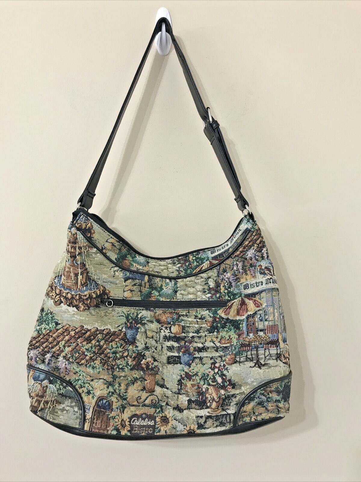Vtg Marlo Multicolor Scenery Milan Bistro Tapestry Faux Leather Handbag