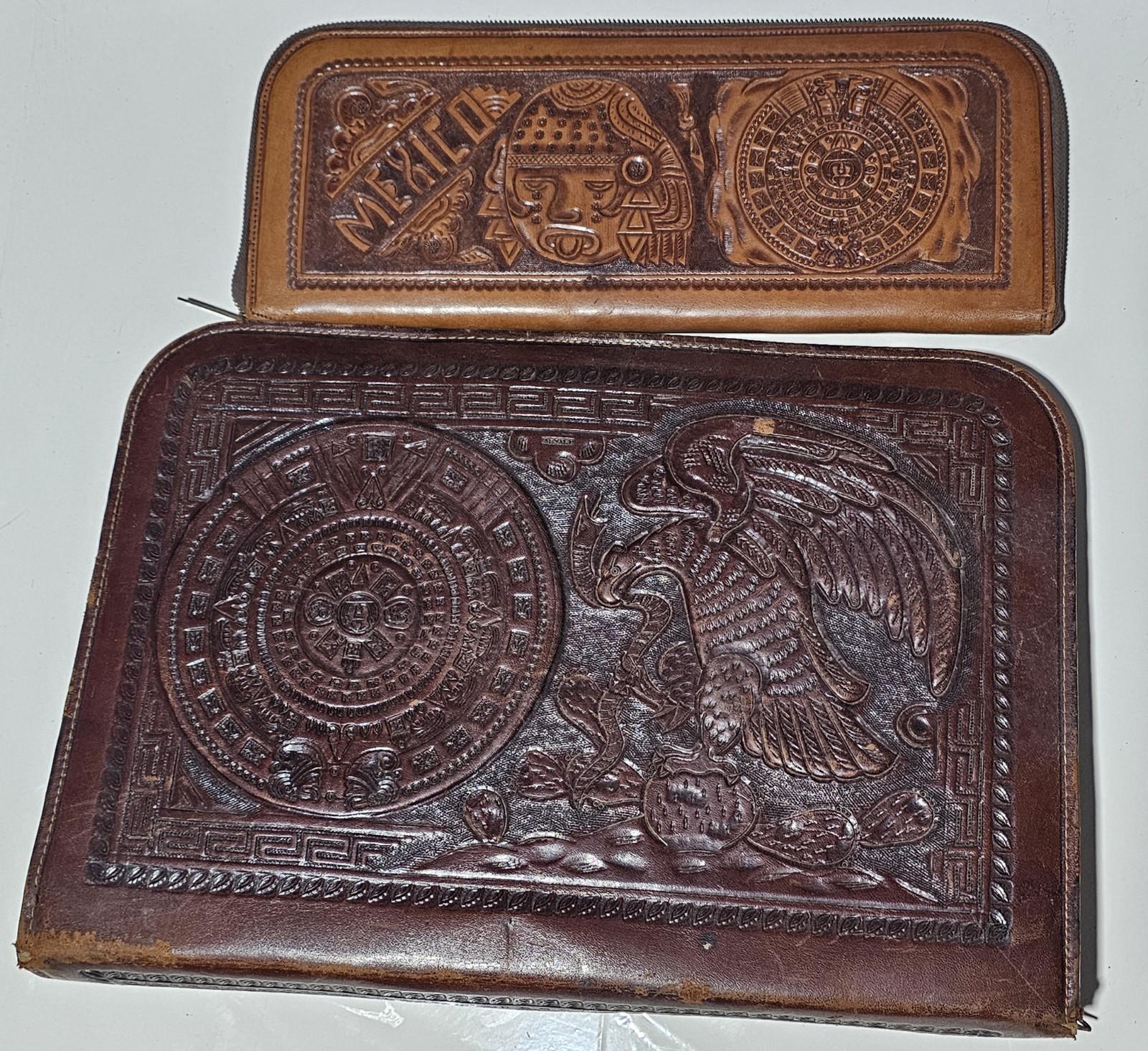 2 VTG Briefcase Hand Tooled Brown Leather Mexican Aztec & long 15″ clutch wallet