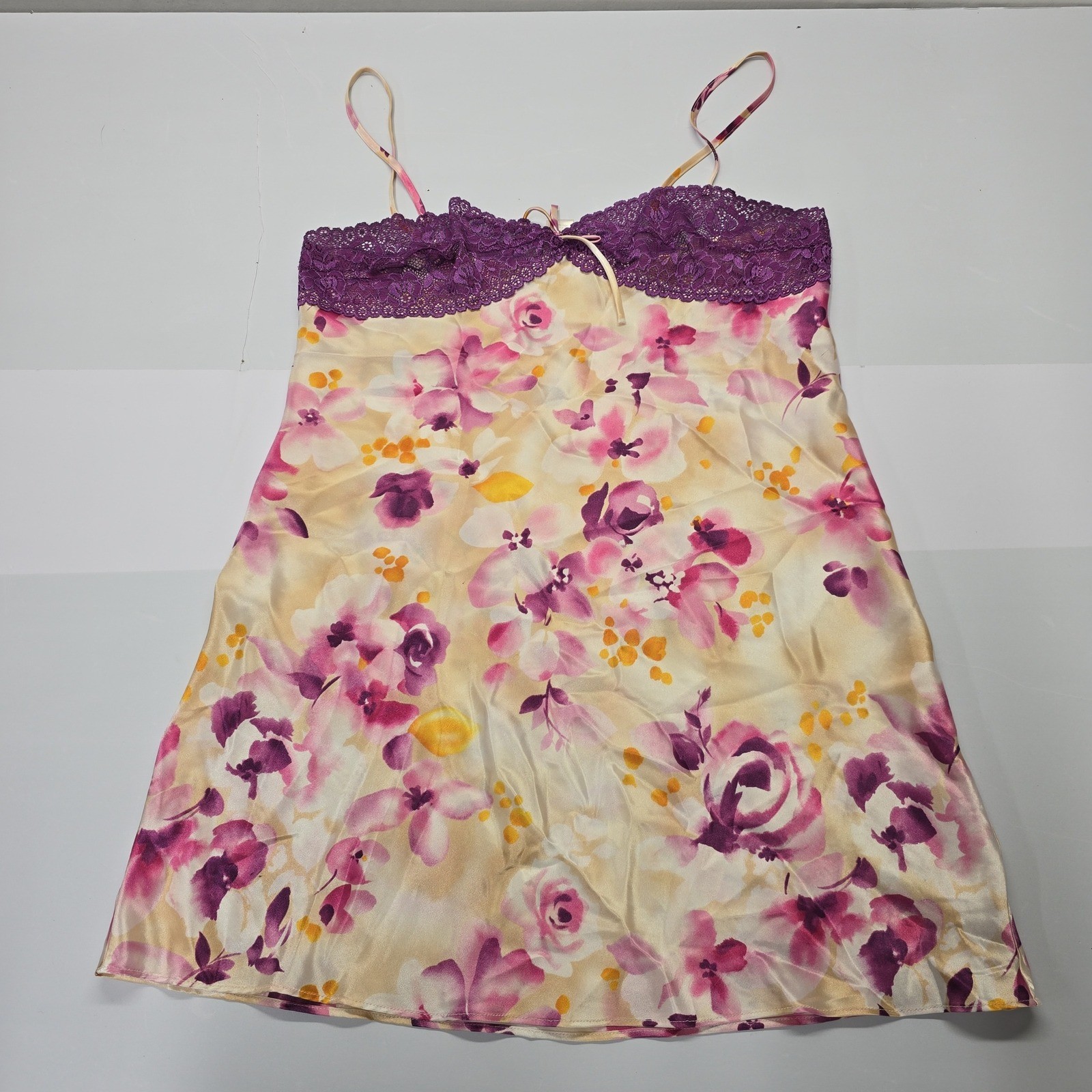 Vintage Morgan Taylor Intimates Floral Lace Trim Satin Chemise Nightgown Small