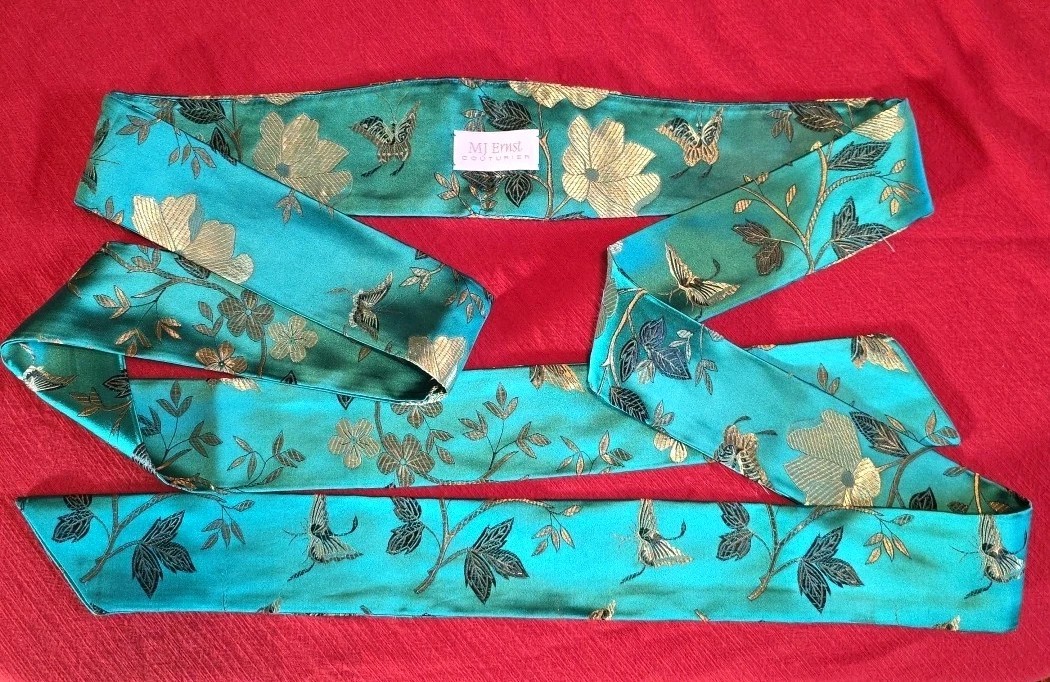 MJ Ernst Couturier Asian Brocade Sash Obi Belt Teal Emerald Floral Butterfly