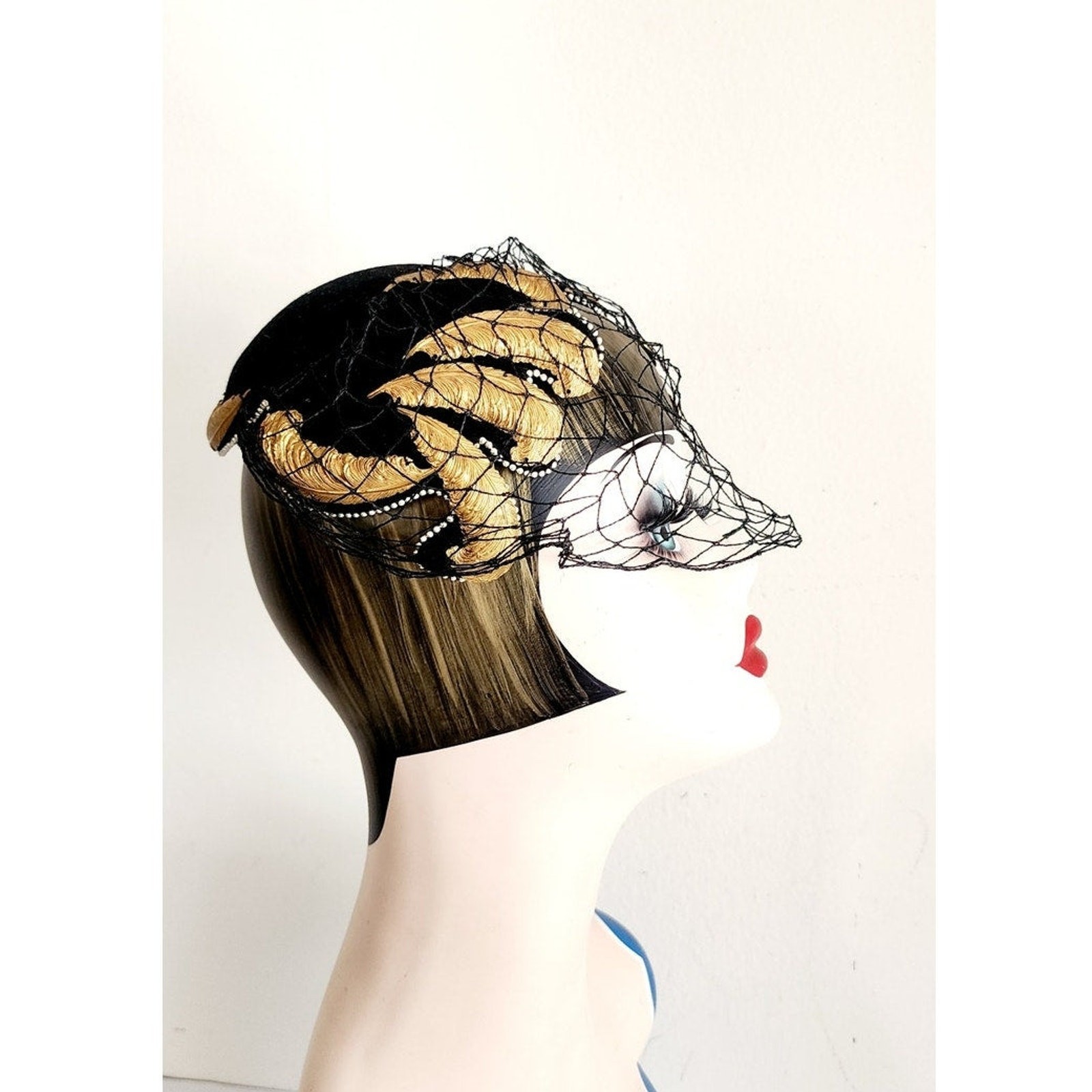 Vintage 1950s Bes-Ben Hat Black Wool Gold Feather Veil Chicago Millinery OOAK