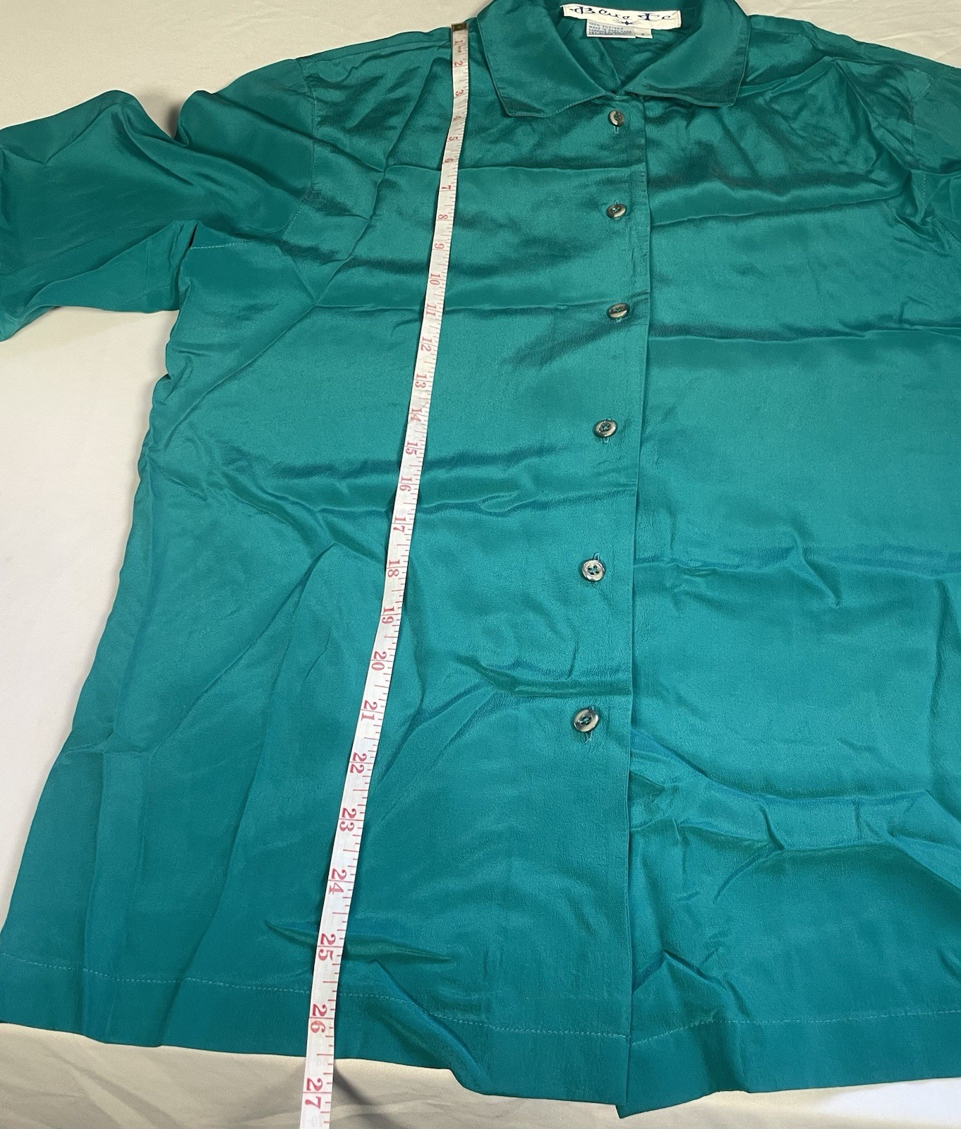 Vintage 80s/90s Blue Ice 100% Silk Blouse Size 8 Teal Pointed Collar Button Down