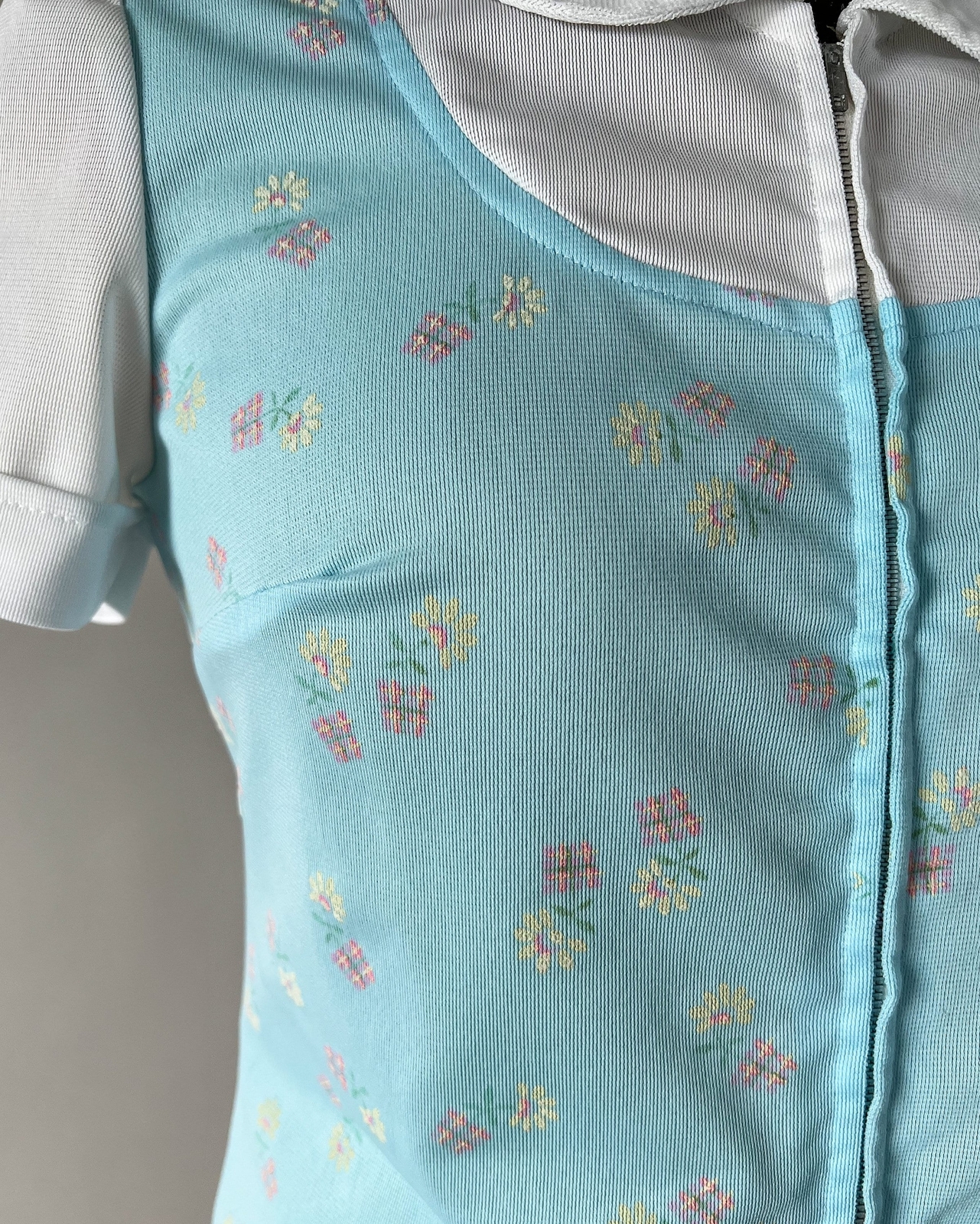 1970s Vintage Blue Floral Zip Front Pocket Collared Tunic Leisure Set Top M L