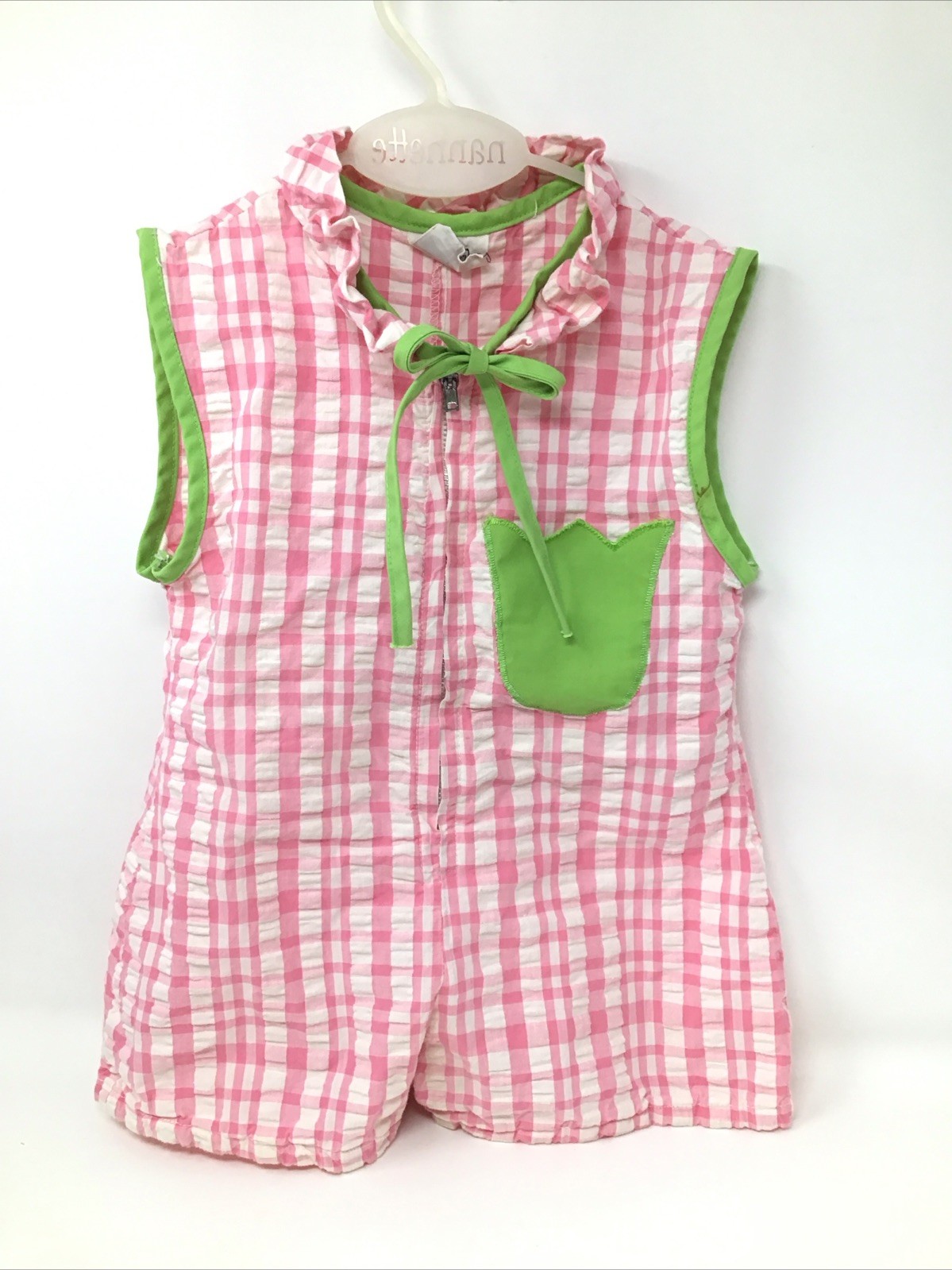 Kmart Toddler Romper Pink White Gingham Green Tulip Pocket 24 Months MCM Vintage