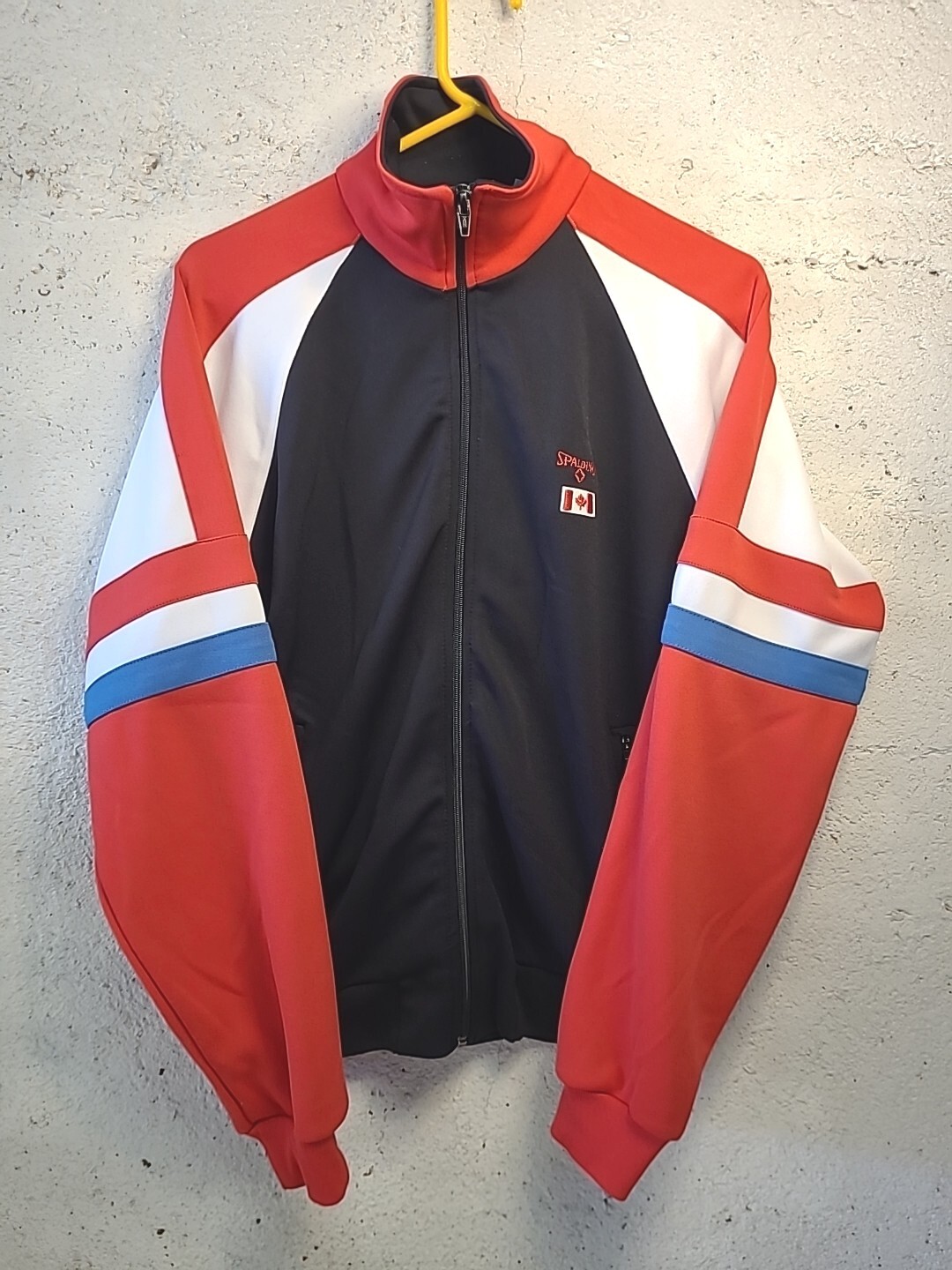 SPALDING Logo/Maple Leaf Tennis Jacket Black w Red White & Blue Sleeves Full Zip