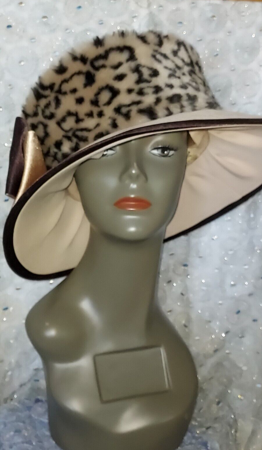 Midnight Velvet Wide brimmed Church Hat Animal Print Tan hat