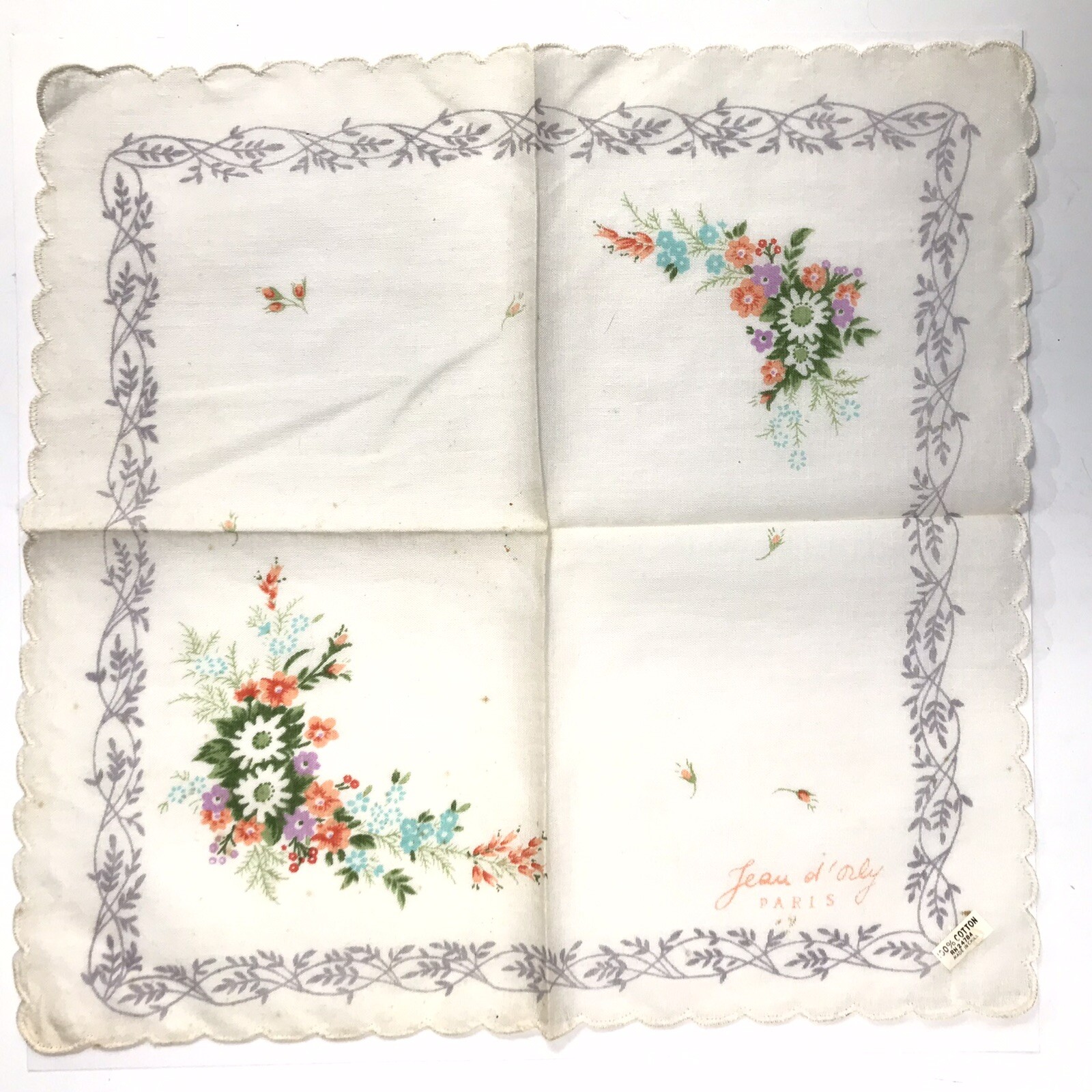 NWT Vintage Jean d’Orly Handkerchief PARIS Mid Century White Floral