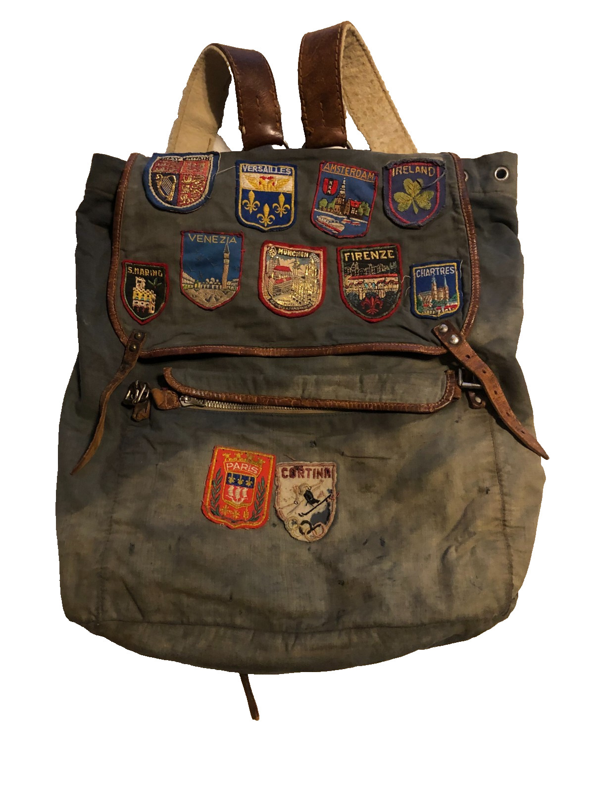 Vintage 1950’s backpack leather and canvas with European sewn patches