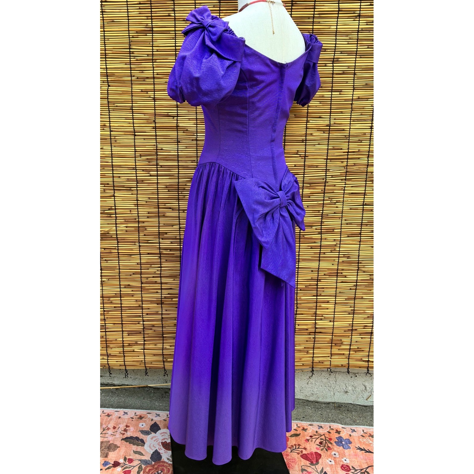 Vintage 80s Purple Moire Puff Sleeve Bow Back Gown ILGWU Made in USA 7081