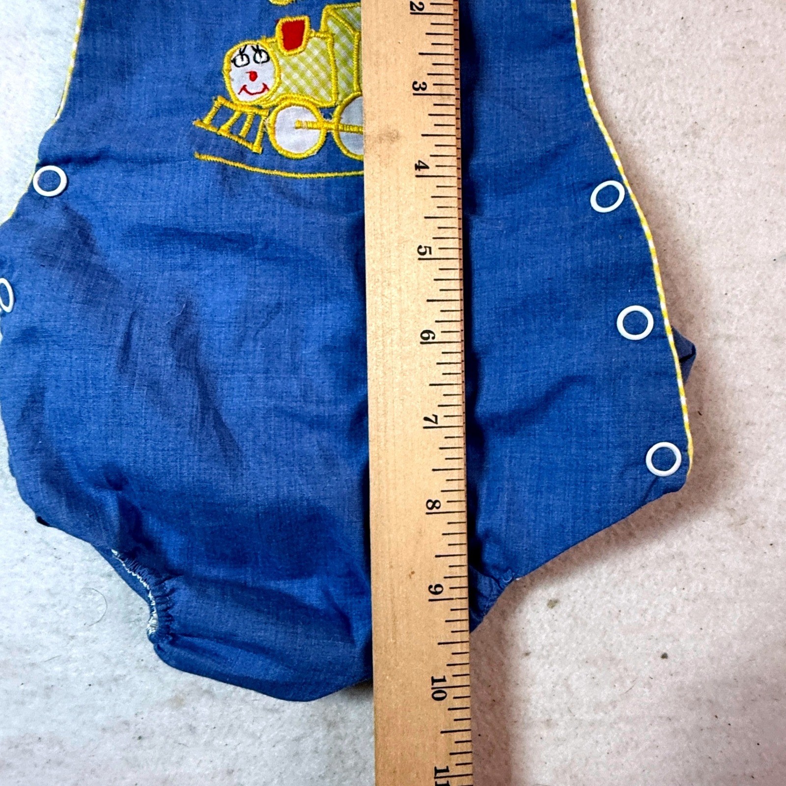 Vintage Baby Train Romper 6-12M Blue Embroidered Choo Choo Kidcore