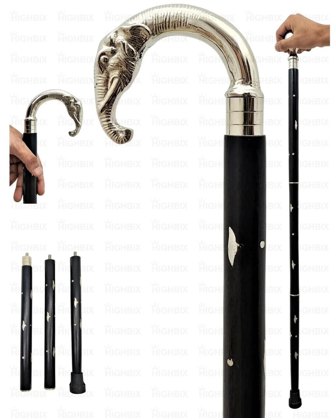 Antique Elephant Handle Wooden Walking 3 Fold Black Stick Cane New Style Gifts