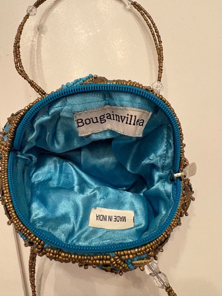 VTG Bougainvillea Beaded Lined Purse – Turquoise & Brass Colored – 11″ x 7″