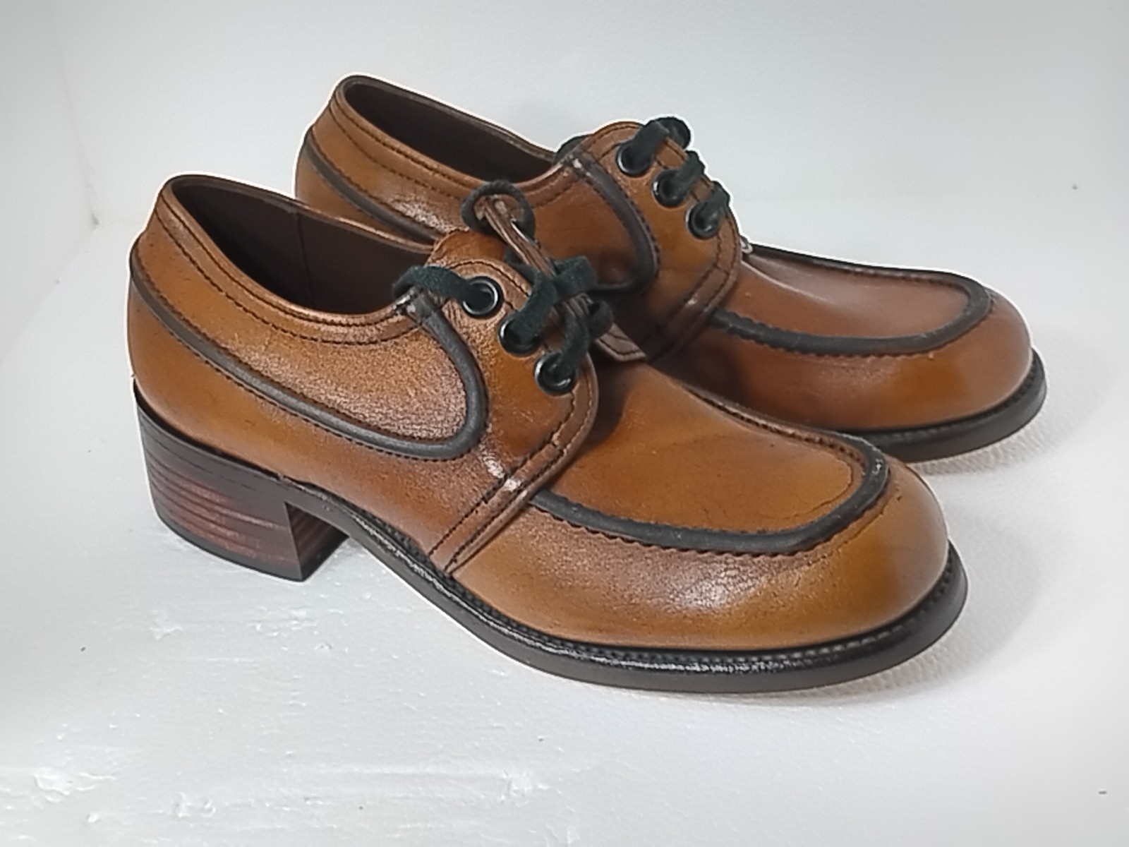 Vintage Deadstock 1970s Brown Leather Platform Oxfords Made In Usa 9d