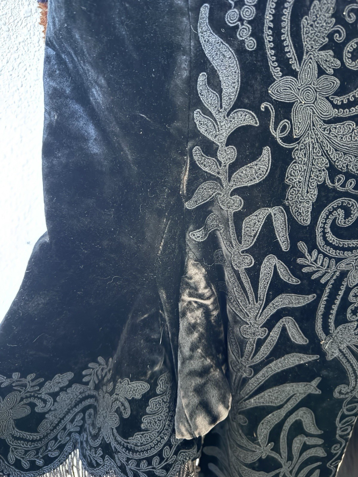 Antique Victorian Black Velvet Embroidered Fringe Cape Jacket Puff Sleeves