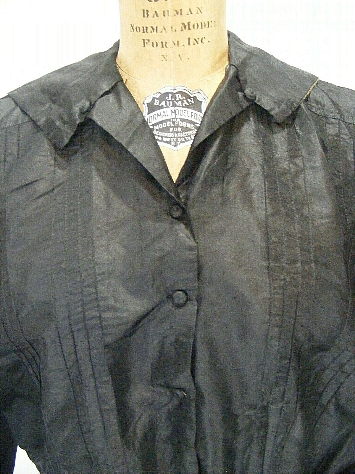 1920 SILK BLOUSE VINTAGE CROPPED TOP SHIRT DOWNTON ABBEY BLACK SAILOR COLLAR LG