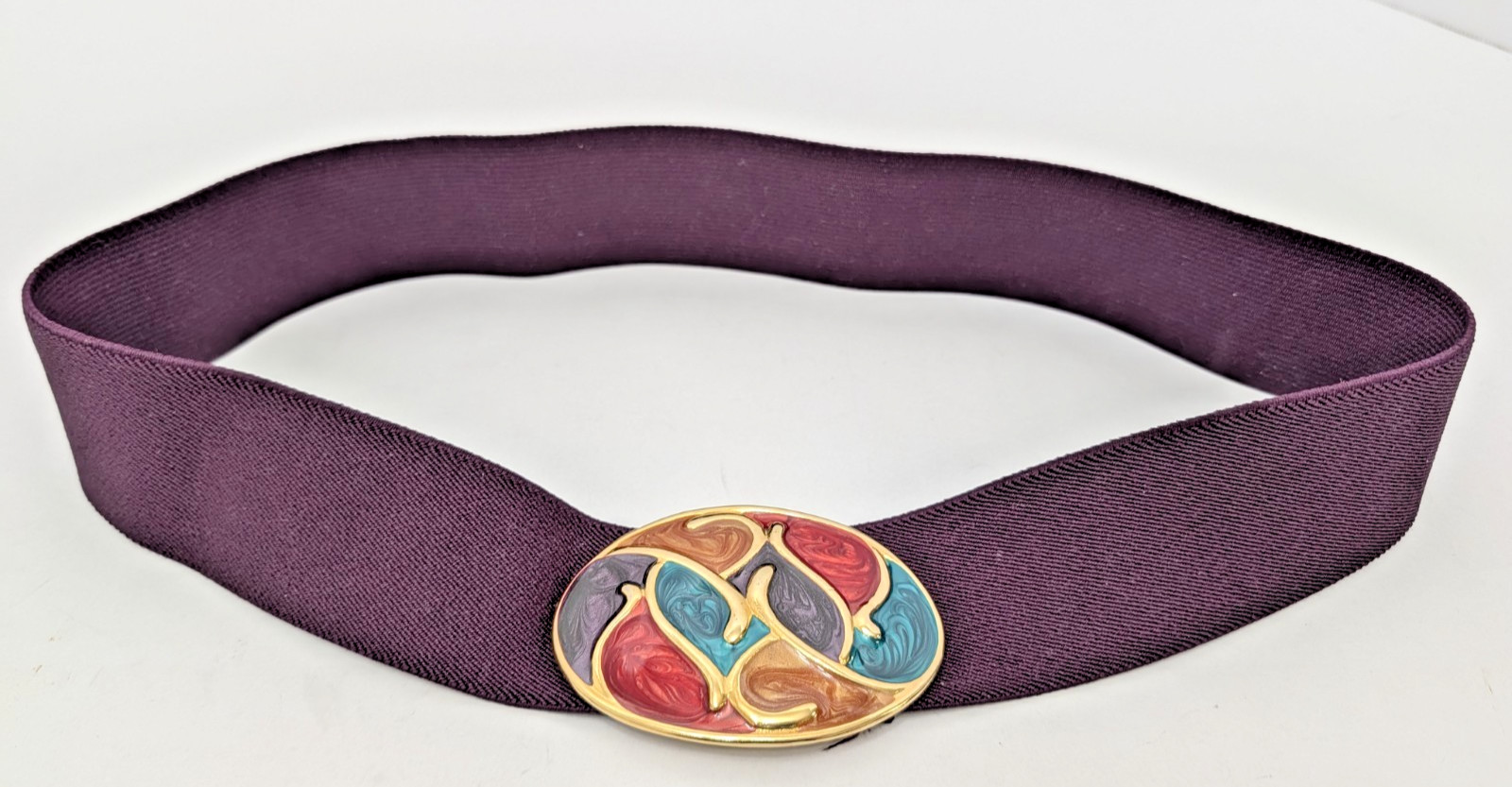 Vintage Nan Lewis Stretch Belt Purple Multicolor Statement Buckle 31 Inch