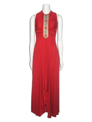 VTG Burnt Orange Floral Tapestry Trim Shirring Flared Long Disco Grecian Dress