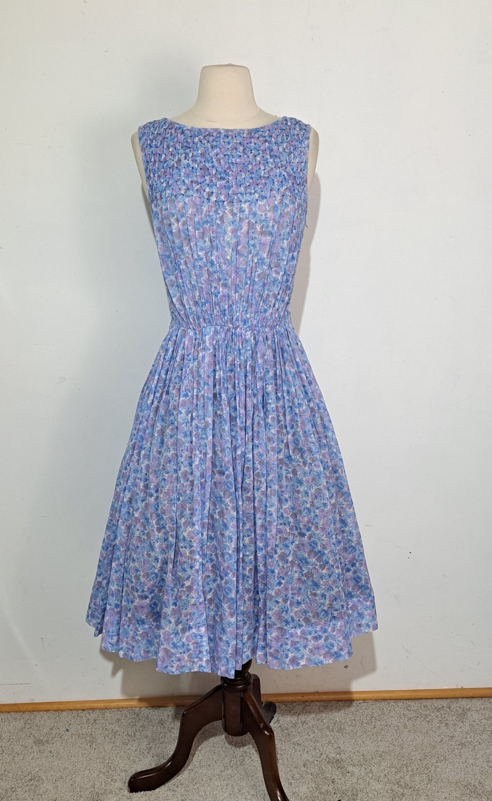 Vintage 1950s Blue Floral Dress Smocked Bodice Sleeveless Pleated Skirt