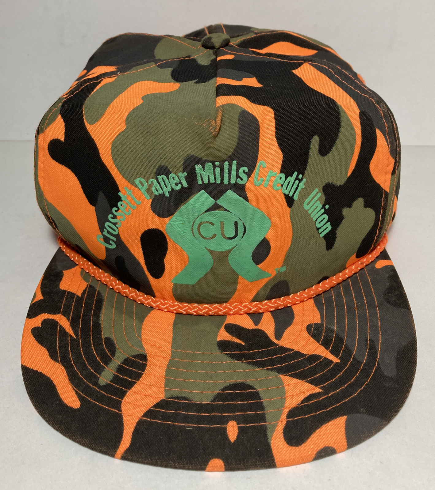 Vintage Crossett Paper Mills Credit Union Snapback Hat Cap Orange Camouflage