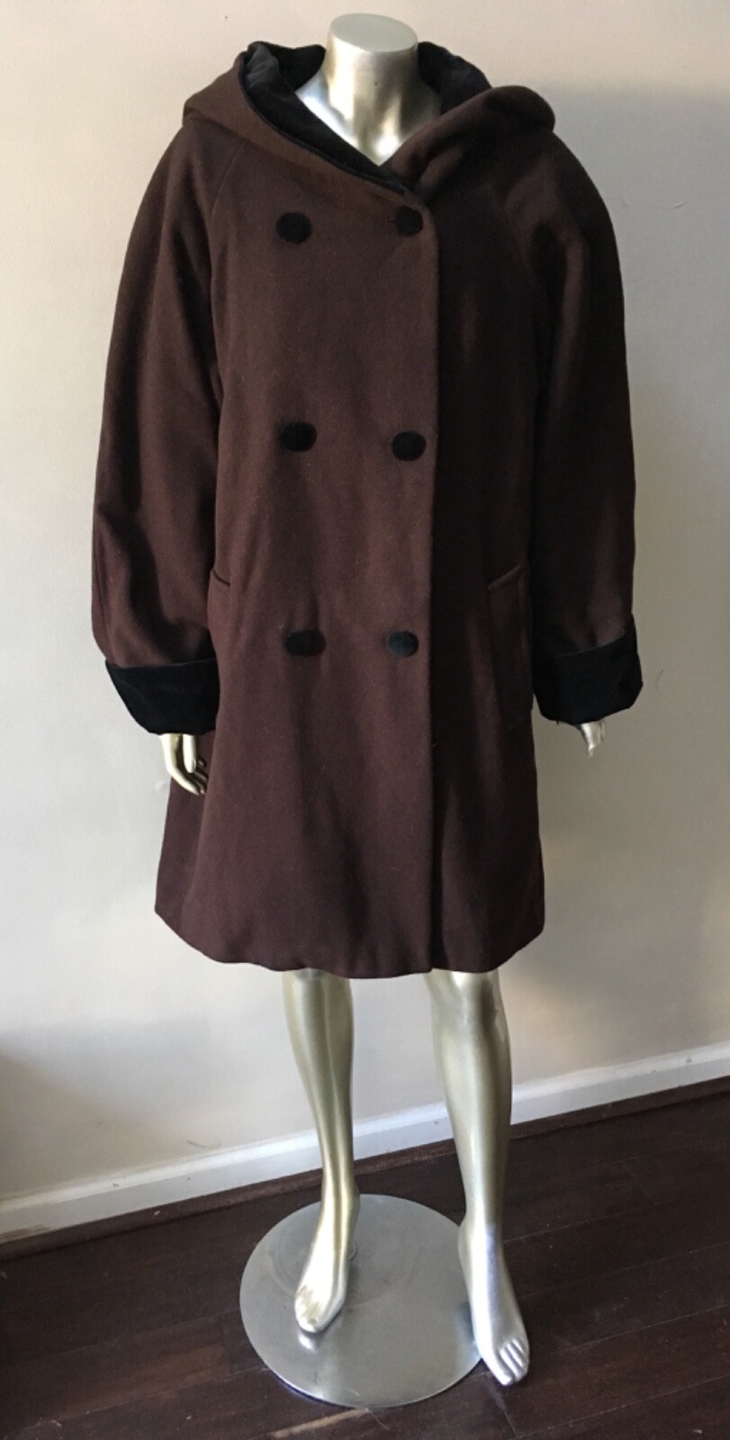 Double Breasted Hooded Wool Fleece Lined Russian Brown Black Jacket Coat 14
