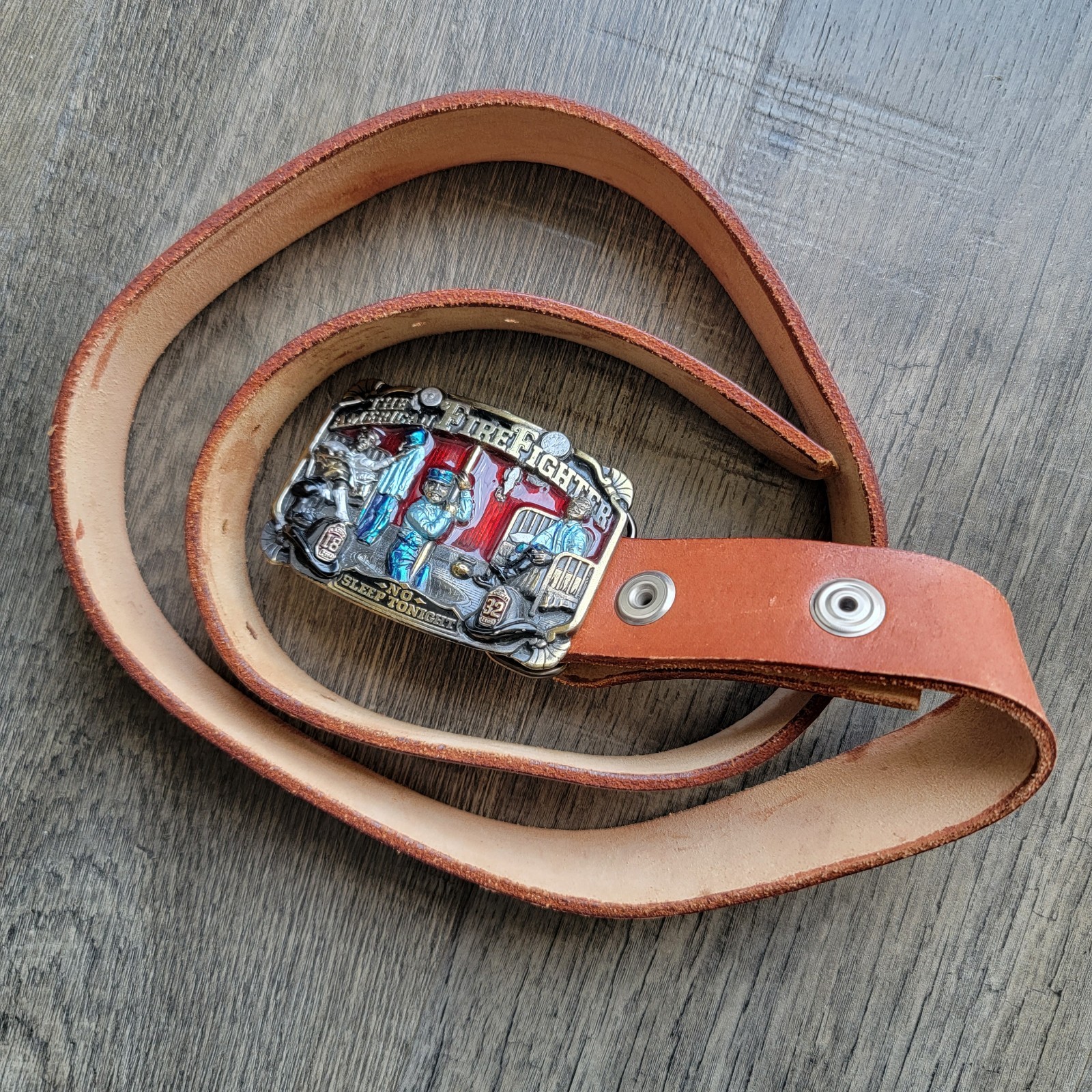 Vtg 80s The American Firefighter No Sleep Tonight Buckle Leather Belt Made USA