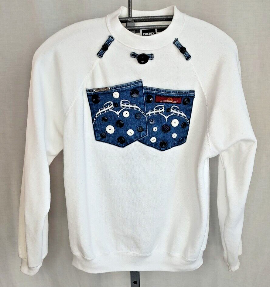Vintage Upcycled Sweatshirt Jordache Jeans Pockets Ugly Lg Buttons OOAK Tultex