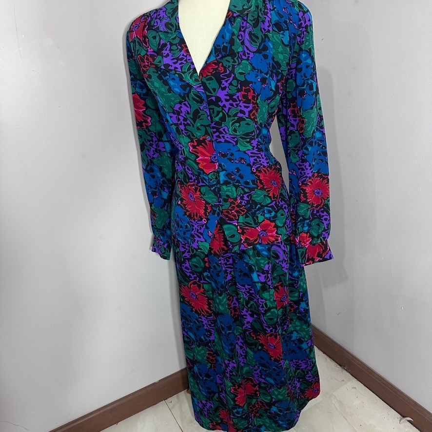 Vintage 80s Jerri Sherman Silk Wool Floral 2-Piece Miidi Skirt Set Large Bloom
