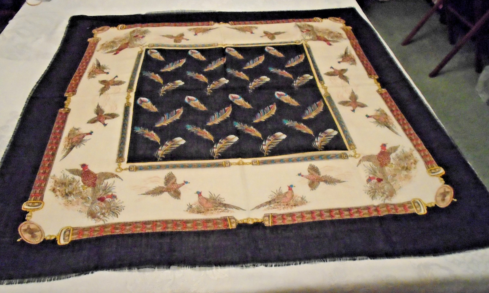 VINTAGE Ivory w/Blk edge Pheasant themed Designer Scarf 30″x32: Acrylic Japan
