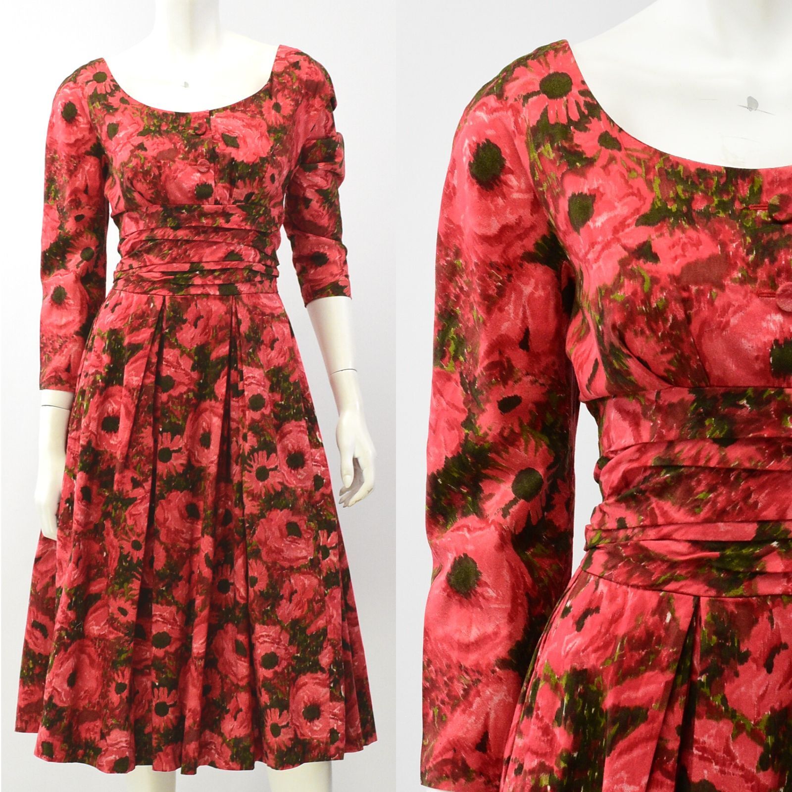 50s Vintage Womens XS Red Floral Empire Waist Dress Scoop Neck Full Skirt
