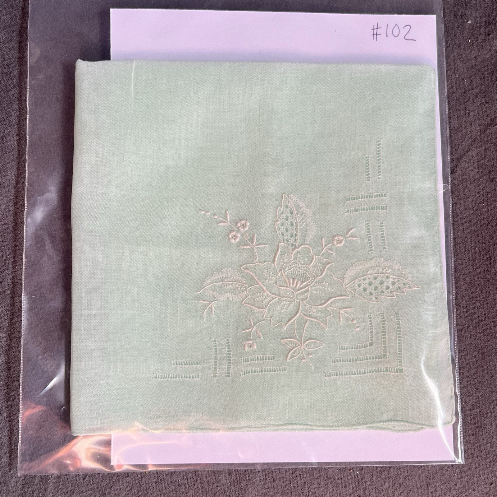 #102 Vntage Floral Pastel Green Cotton Hankie Embroidered Pulled Thread Work