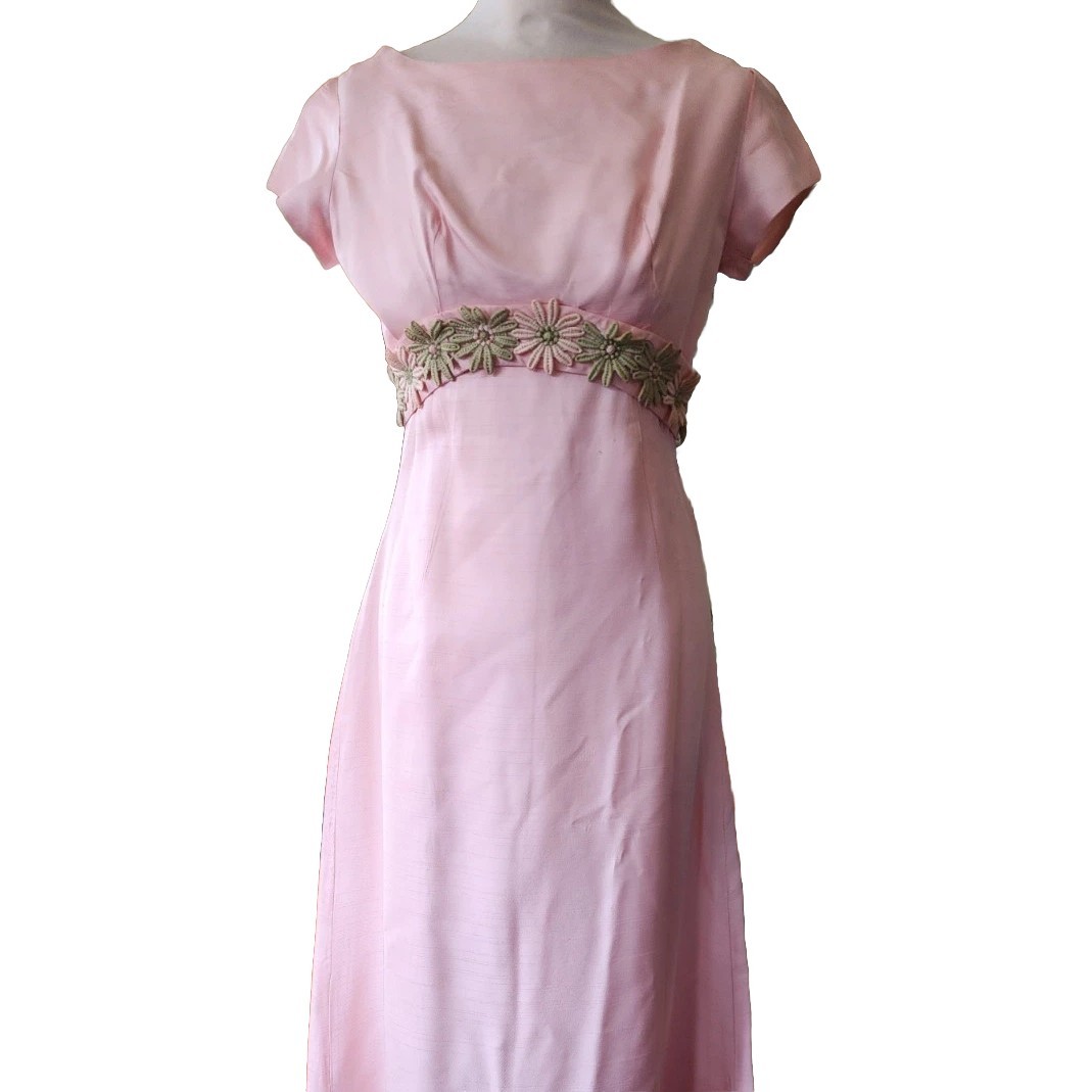 Elegant Pink Prom Dress Debutant Gown, Waterfall Empire Waist, 1960s Maxi