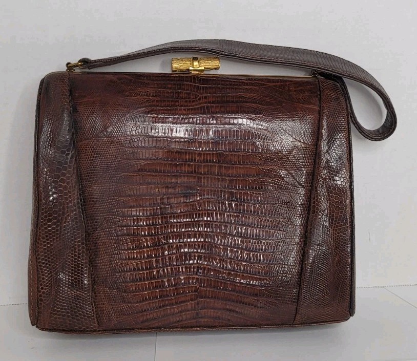 Vintage 1950s Escort Brand Handbag Dark Brown Lizard Clutch Purse Gold Latch