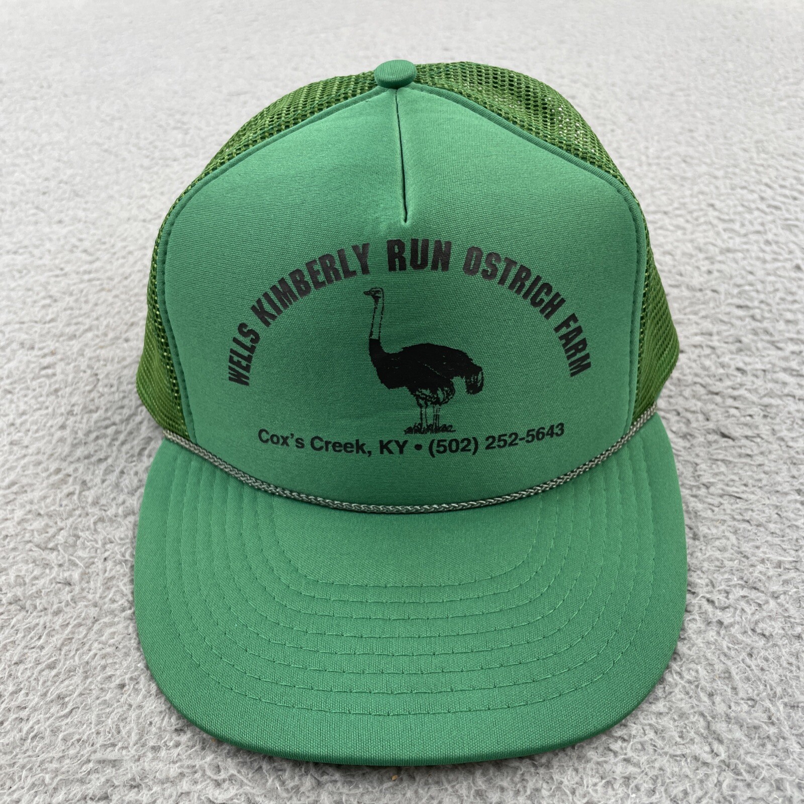 Vtg Wells Kimberly Run Ostrich Farm Cox’s Creeks Kentucky Mesh Green Trucker Hat
