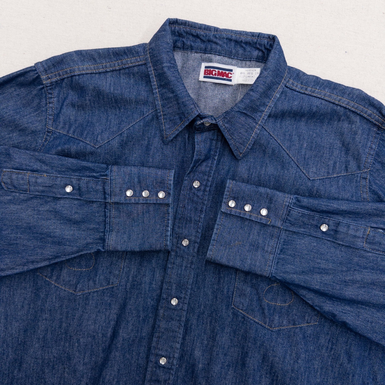 Vintage Big Mac Denim Western Pearl Snap Shirt Size 1XL Blue Cotton Made in USA