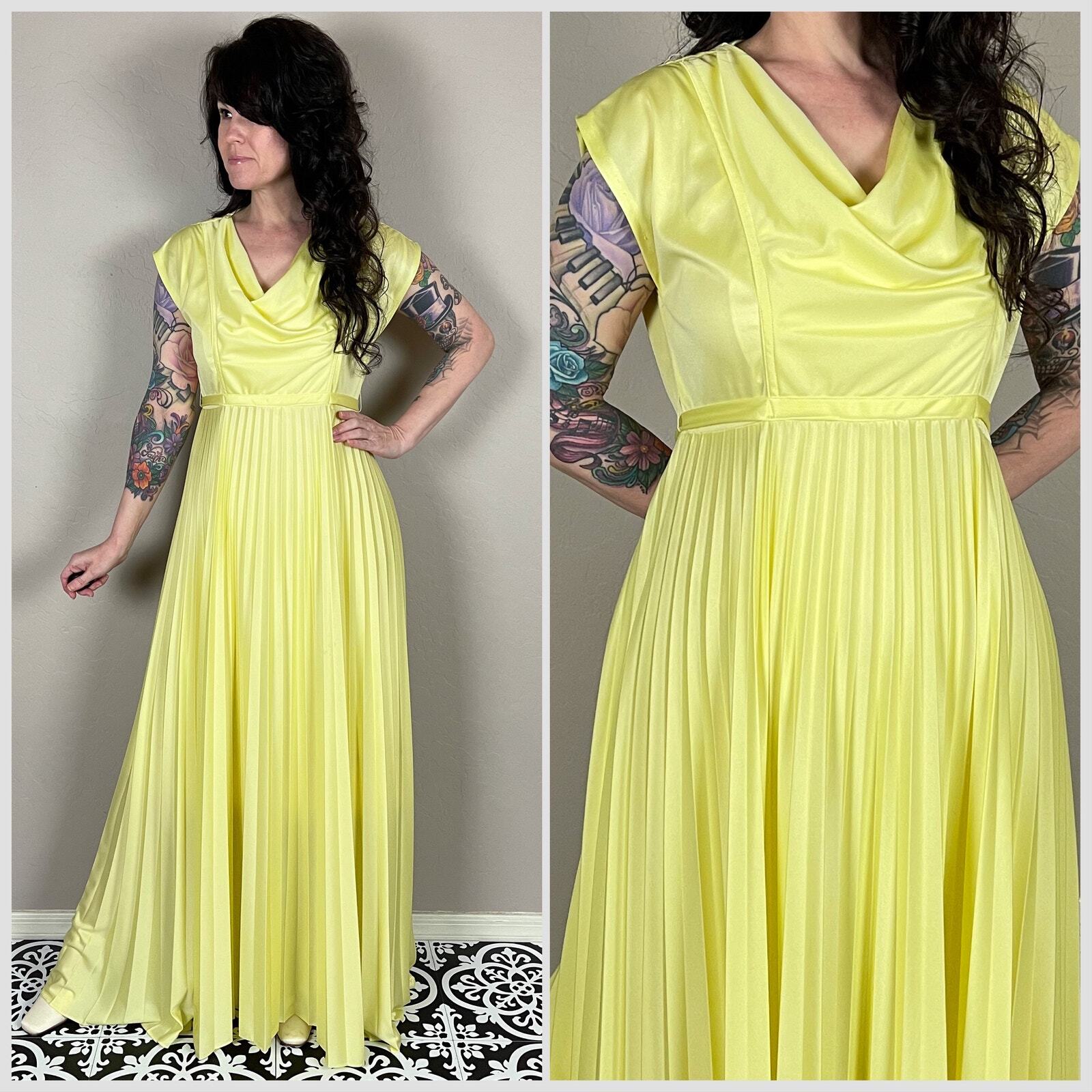 Vintage 1970s Pastel Yellow Sleeveless Pleated Maxi Dress – 30″ Waist